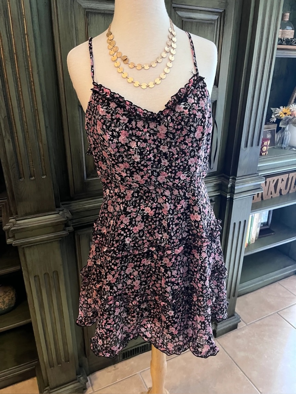NWT Y2K Francesca’s Black Ruffle Floral Mini Dress S